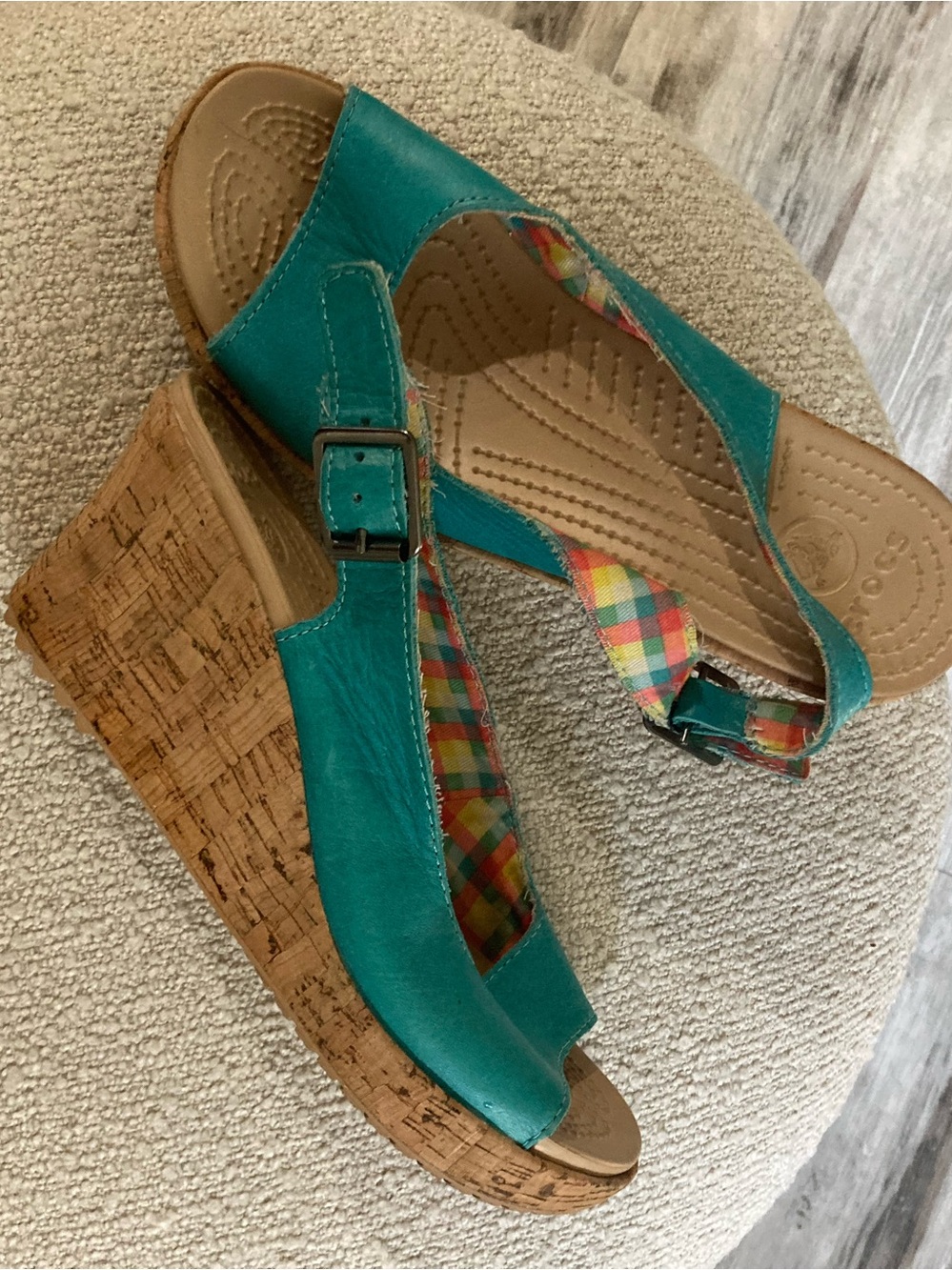 Crocs wedge sandals. 💙blue 💙leather upper. Size 7. *discontinued*